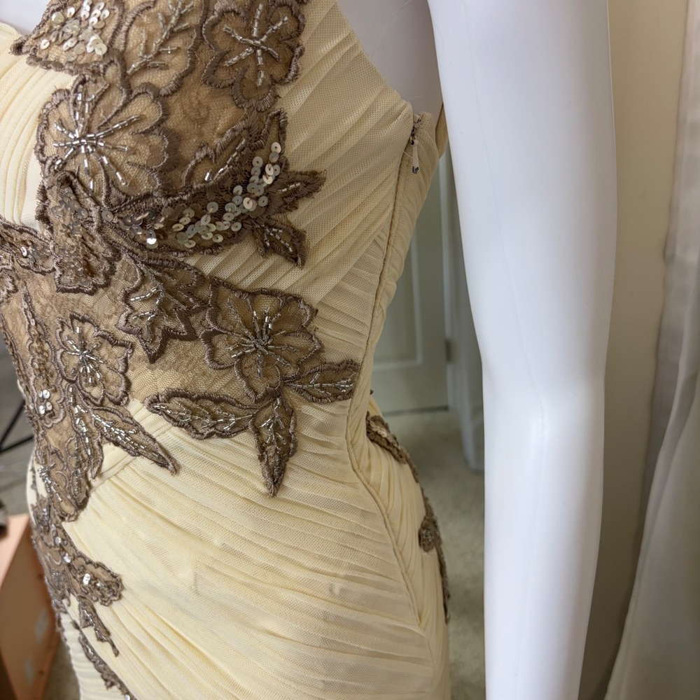 Sue Wong One Shoulder Cream Champagne Sequin Lace Pleated Cocktail Mini Dress - Picture 4 of 9
